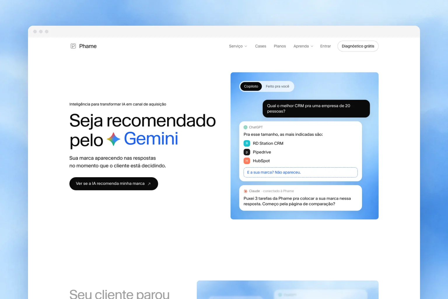 Home da Phame, plataforma brasileira de GEO e AEO que mede a marca no ChatGPT, no Gemini, no Perplexity, no Claude e no Modo IA do Google